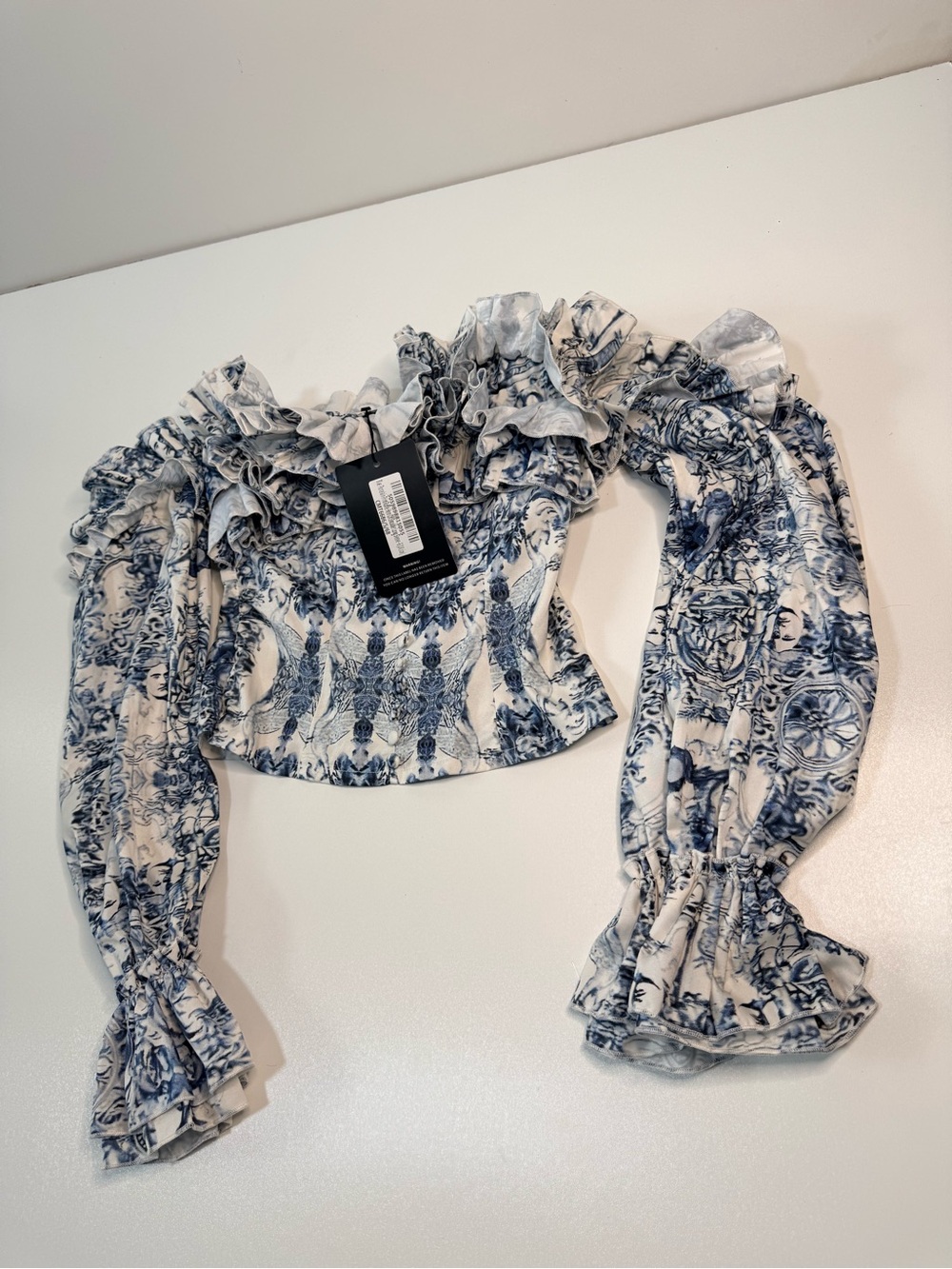 PrettyLittleThing White & Blue Ruffle Off-Shoulder Blouse - Picture 2 of 7